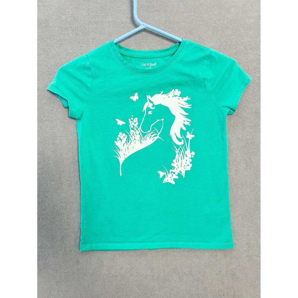 Cat & Jack Girls Green Horse Butterfly Graphic Tee Shirt Size M 7/8 Short Sleeve